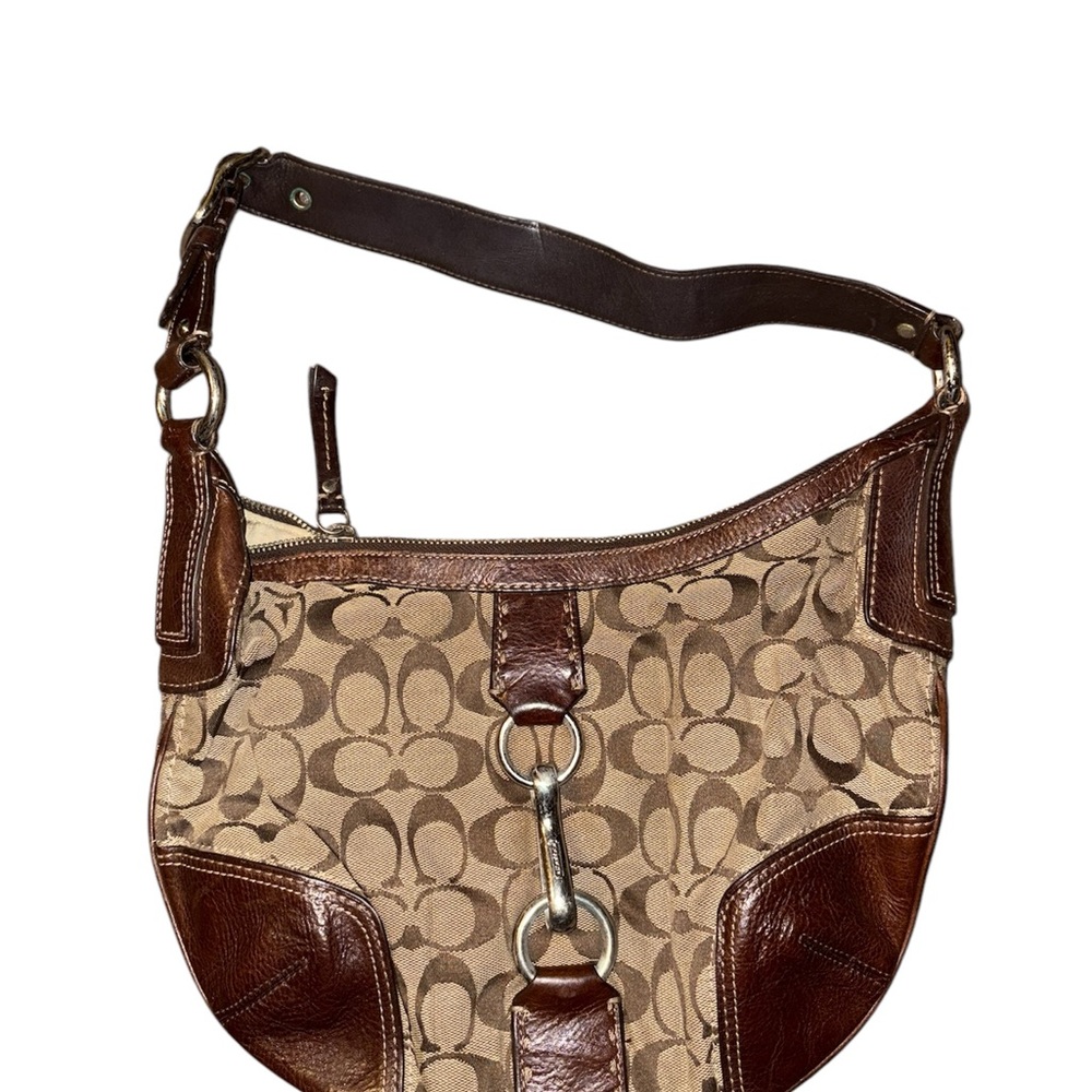 Coach Signature Jacquard & Brown Leather Bag with Silver Horsebit